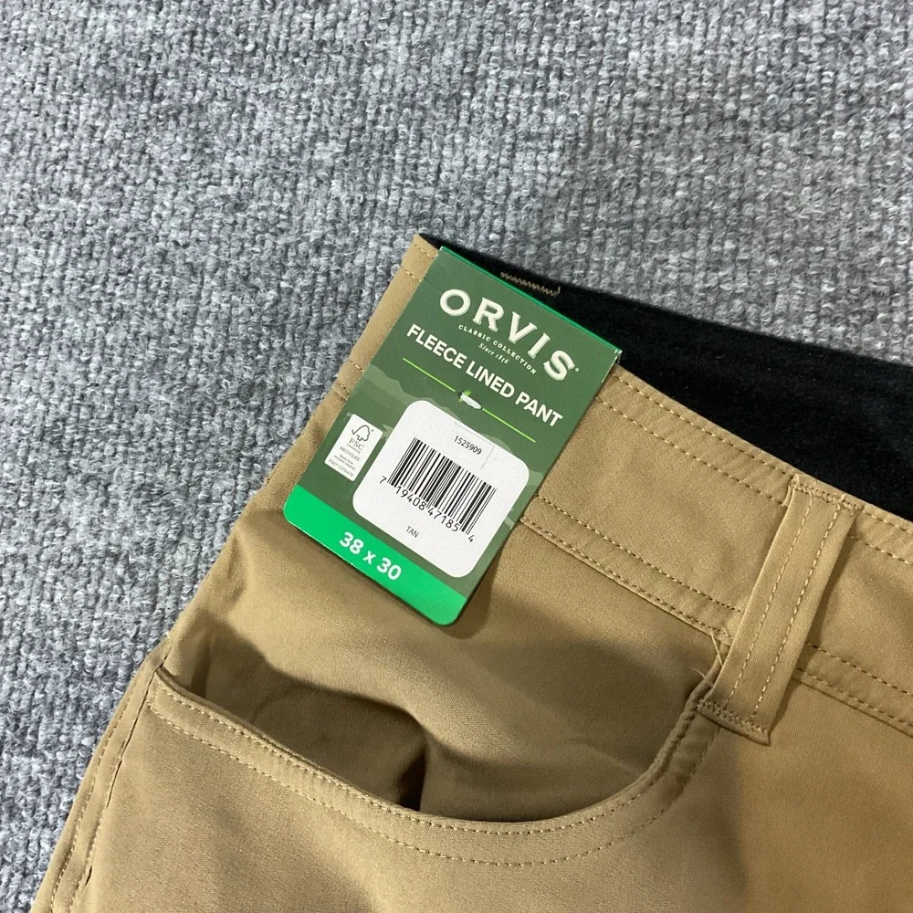 Orvis Fleece Lined Pants Mens 38x30 Tan Performance Hiking Outdoor Winter New